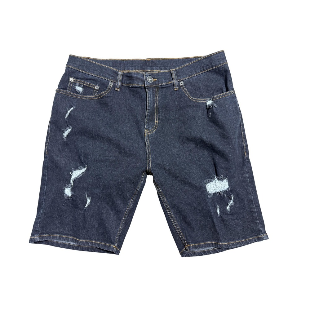 Ring Of Fire Shorts Mens 36‎ Dark Blue Denim Distressed Bermuda Stretch Casual